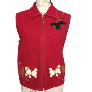 Lisa International | Vintage Wool Front Zip Vest Red Poodle Trim | Size LP